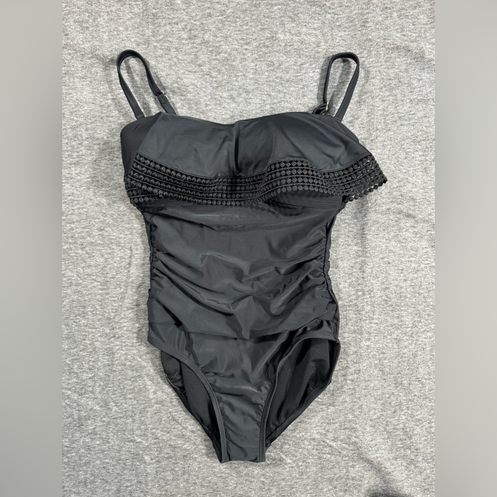 NWOT Kona sol black crochet flounce high coverage one piece swimsuit size S